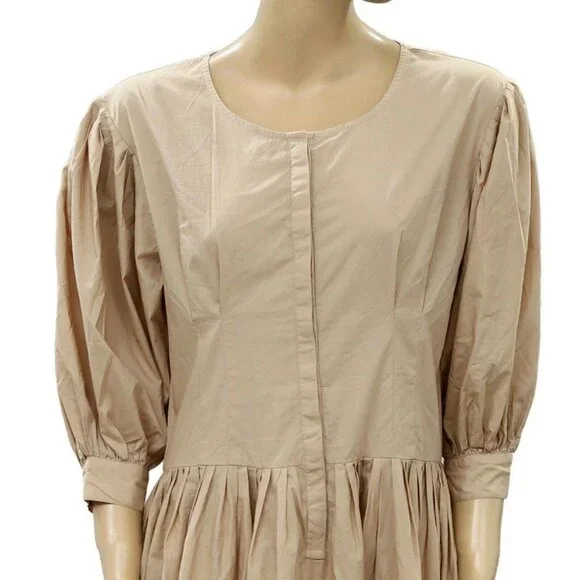 Merlette Montague Solid Midi Dress Cotton Resort Sandstone Beige XS New